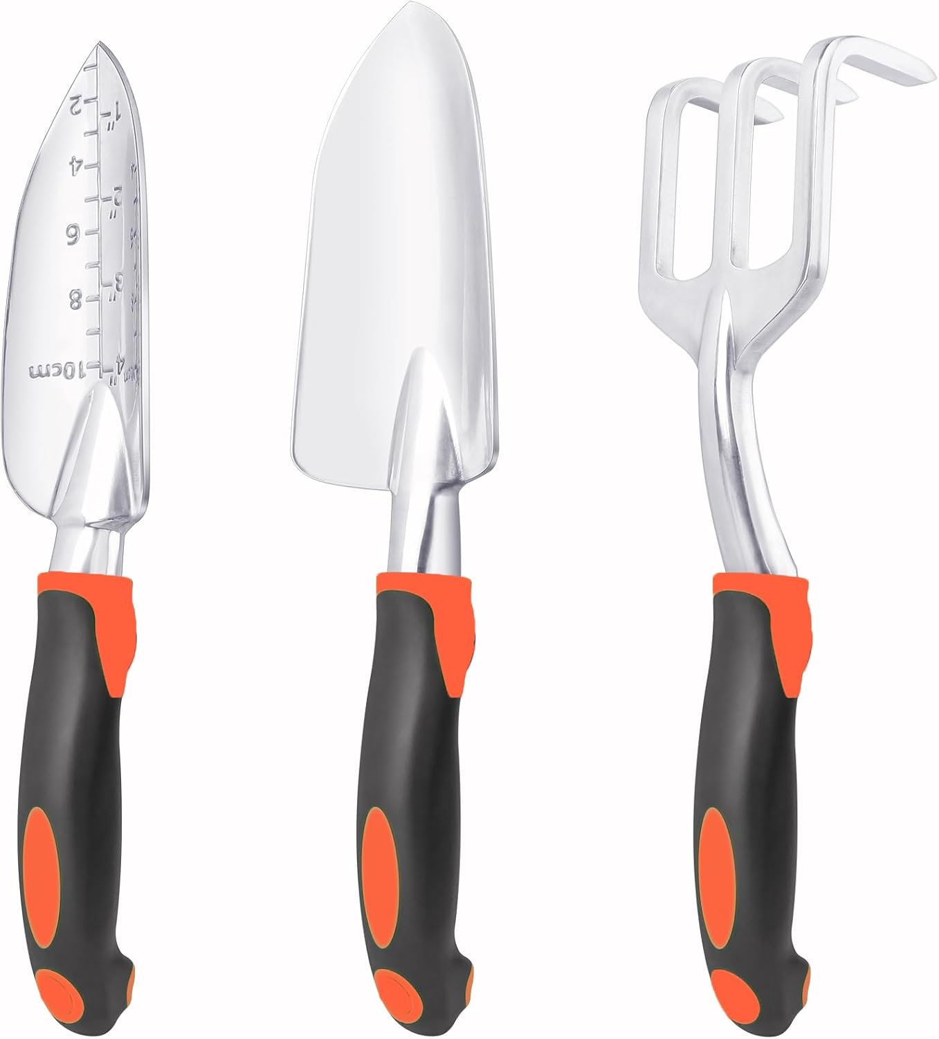 3-Piece Gardening Hand Tool Set with Shovel, Transplant Trowel & Rake, Aluminum Alloy, Orange