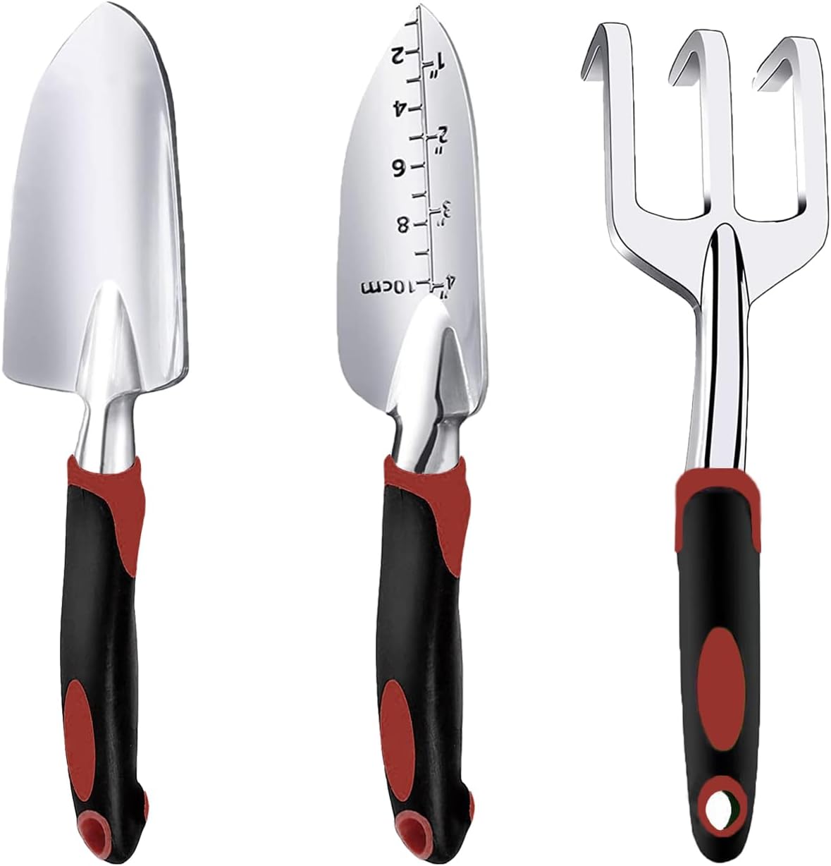 3-Piece Red Gardening Set with Ergonomic Handles, Including Trowel, Transplanter & Rake