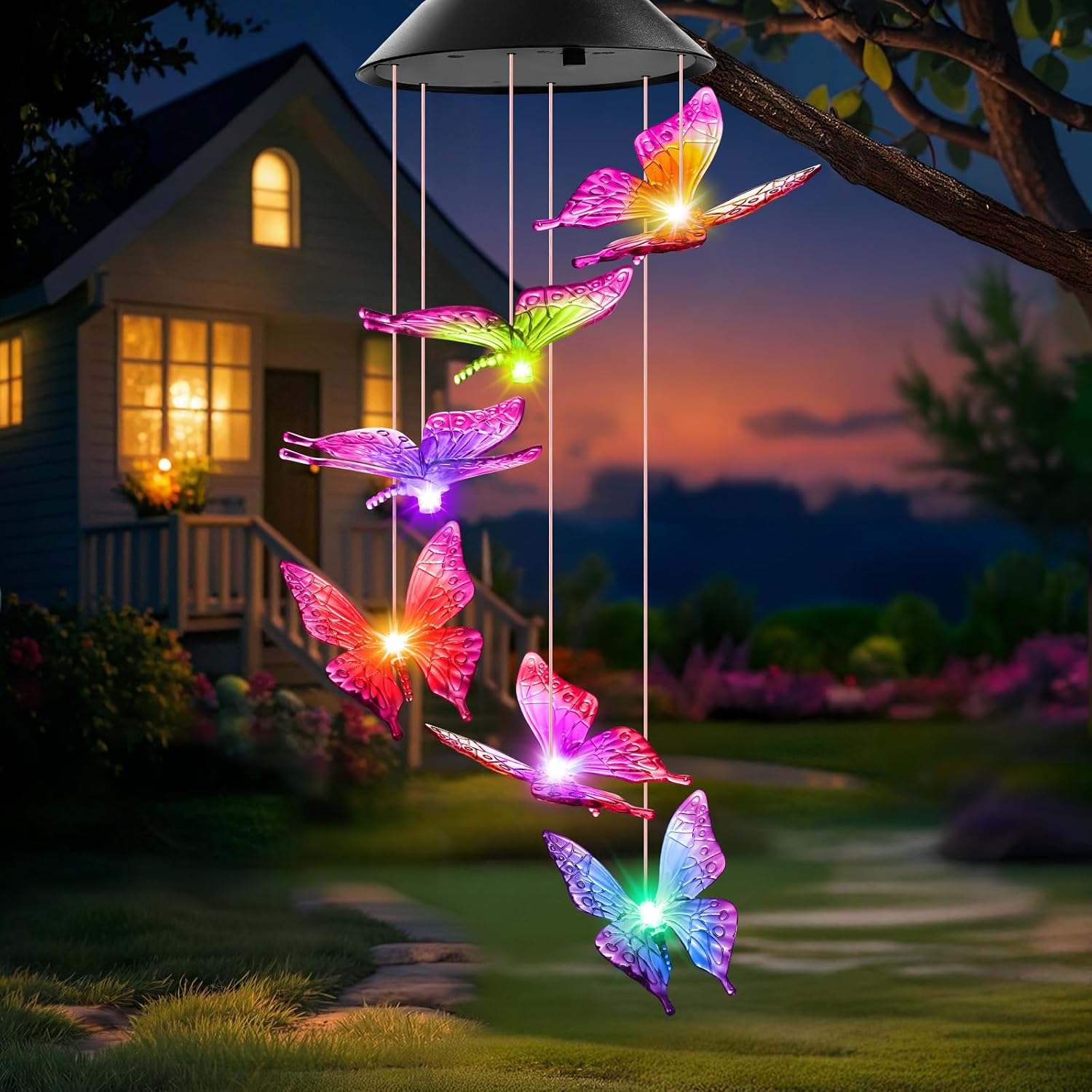 Solar Butterfly Wind Chime with Color-Changing LED Lights