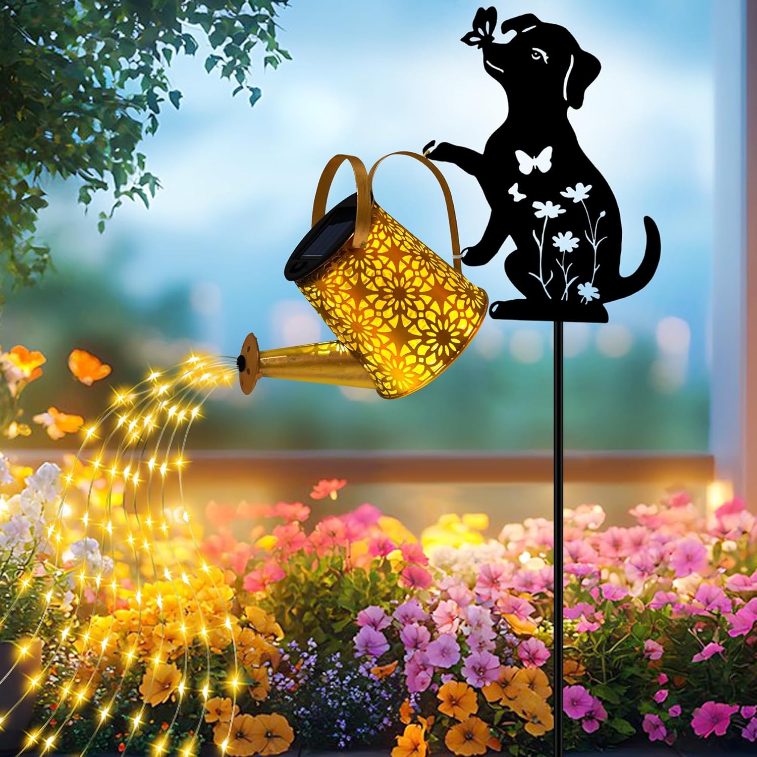 Solar Watering Can String Lights with Dog Silhouette Hook