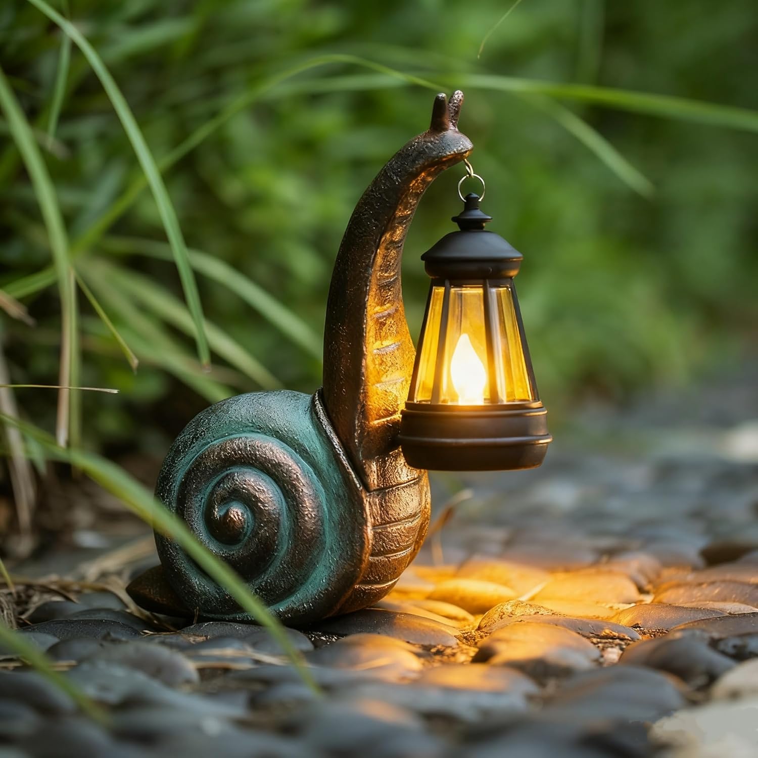 Solar-Powered Snail Resin Figurine with Lantern Light